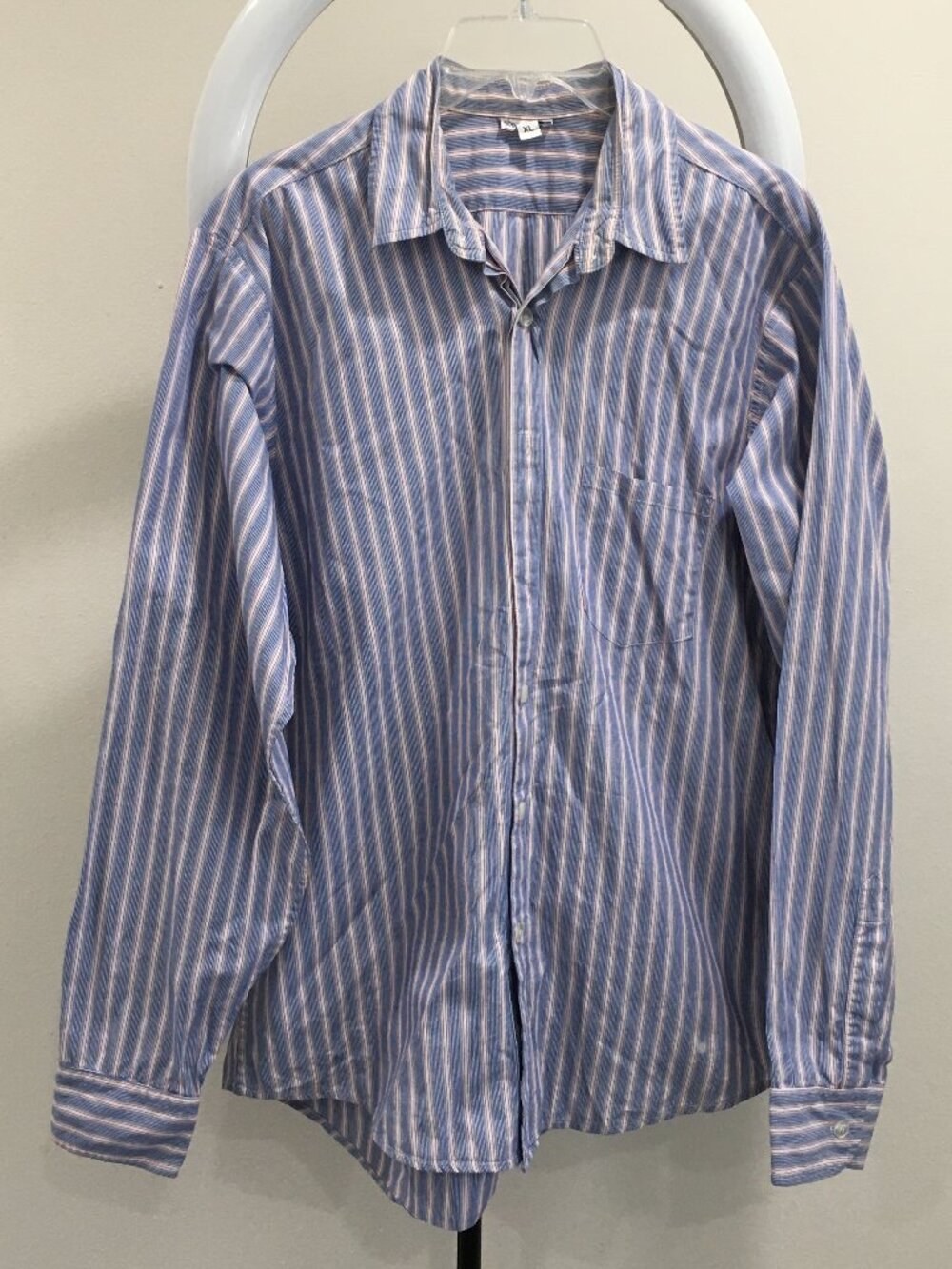 STEVEN ALAN Blue White Orange/Red Striped Long Sleeve Button Shirt